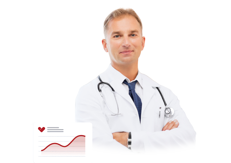 male doctor in a white coat with a stethoscope around his neck stands with arms crossed, smiling